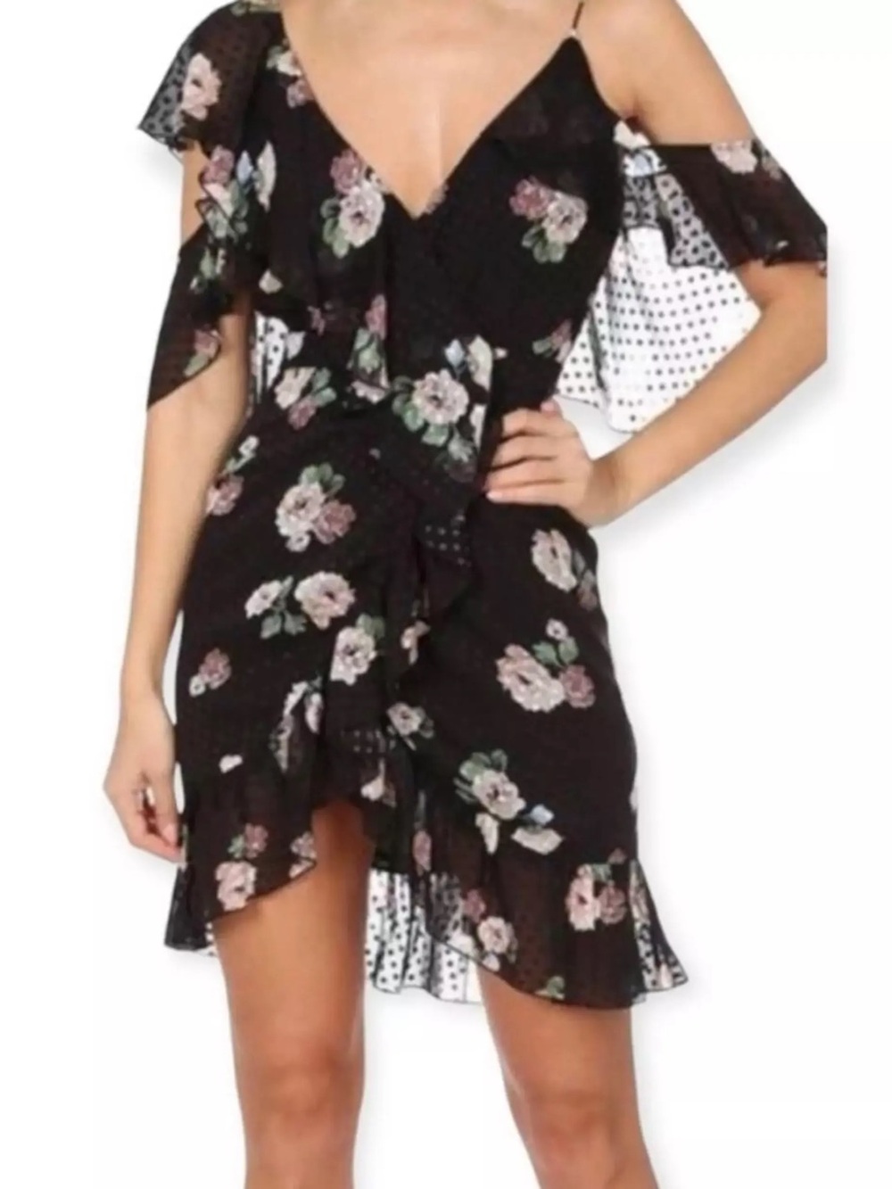 NICHOLAS Black Floral Cold-Shoulder Ruffle Wrap Mini Dress